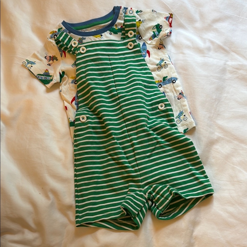 Baby Boden Green Striped Baby Overalls with T-Shirt set size 12-18M